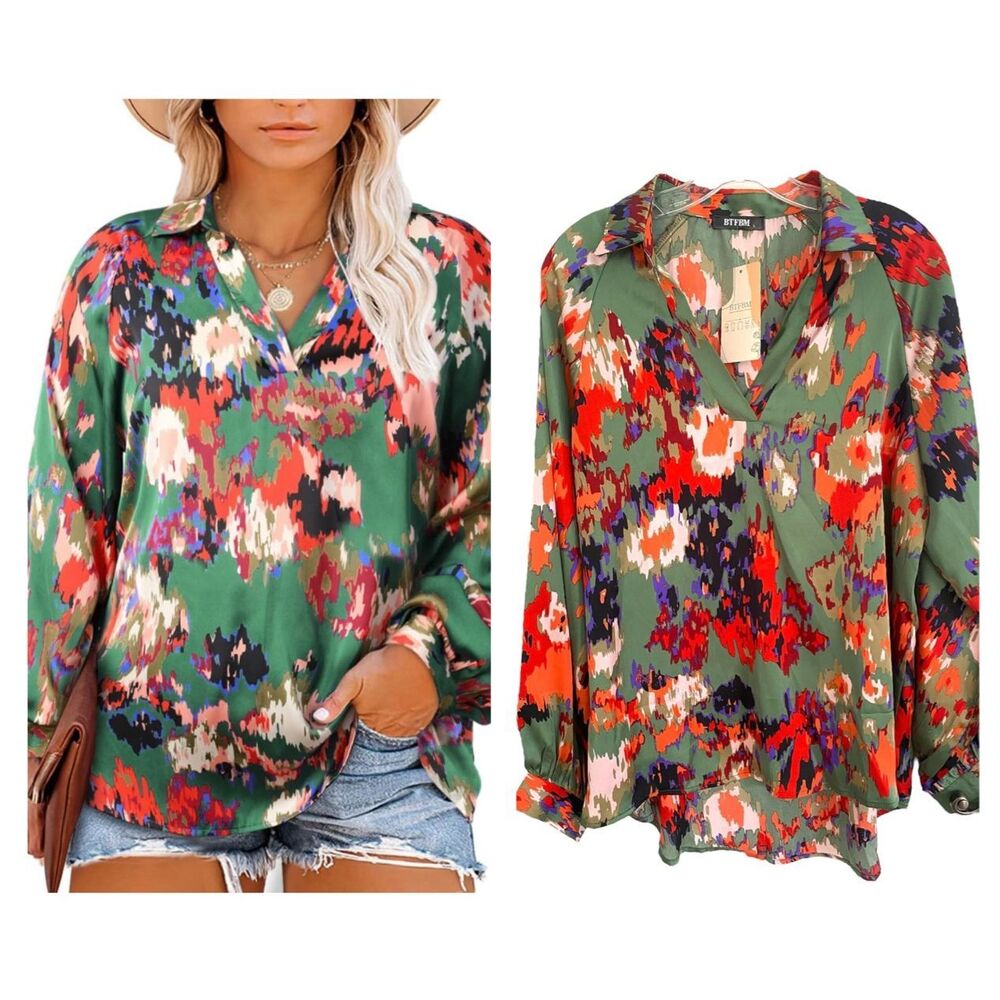 BTFBM Abstract Multicolor Long Sleeve Collared Pullover Tunic Sz L
